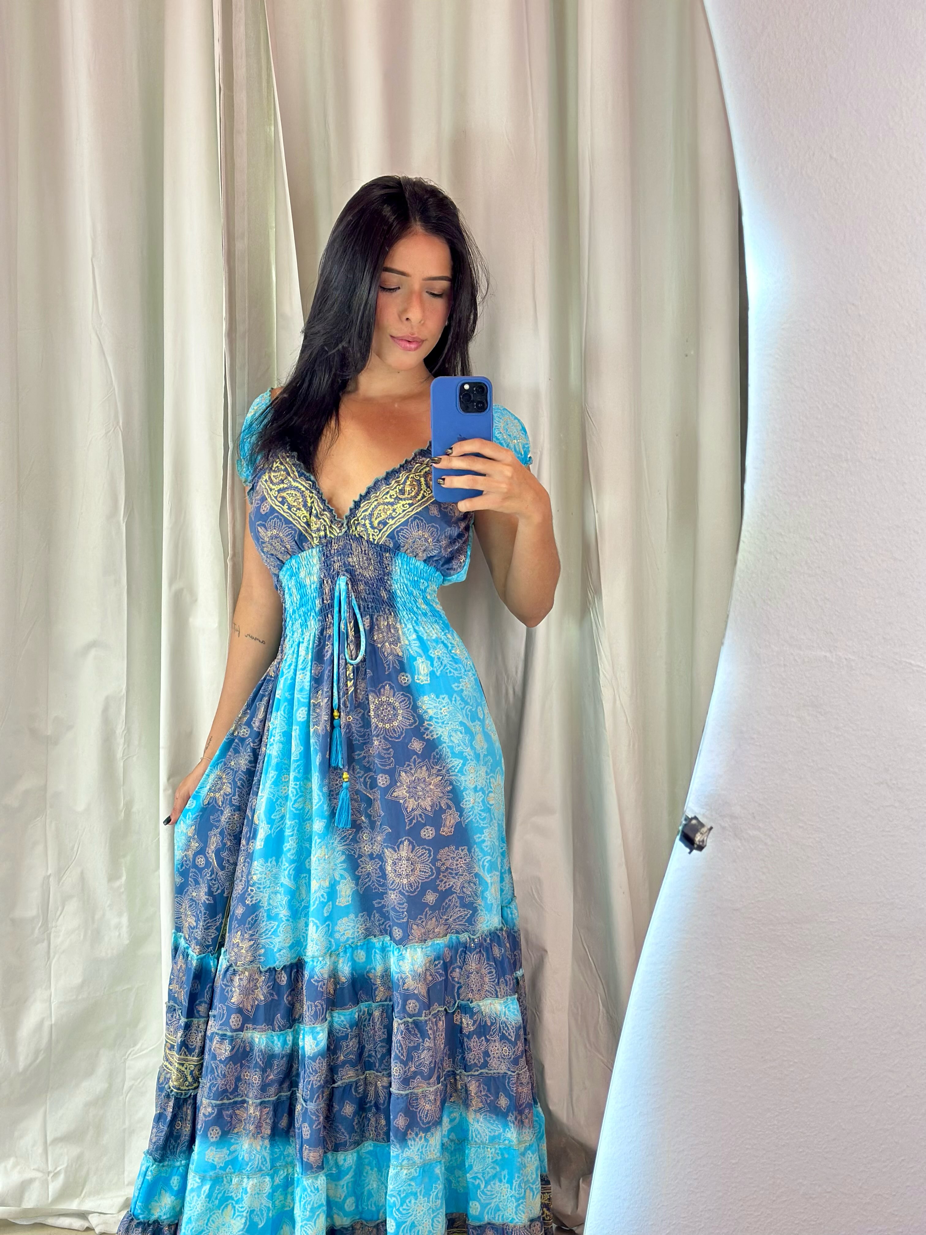 Vestido Longo Floral Azul